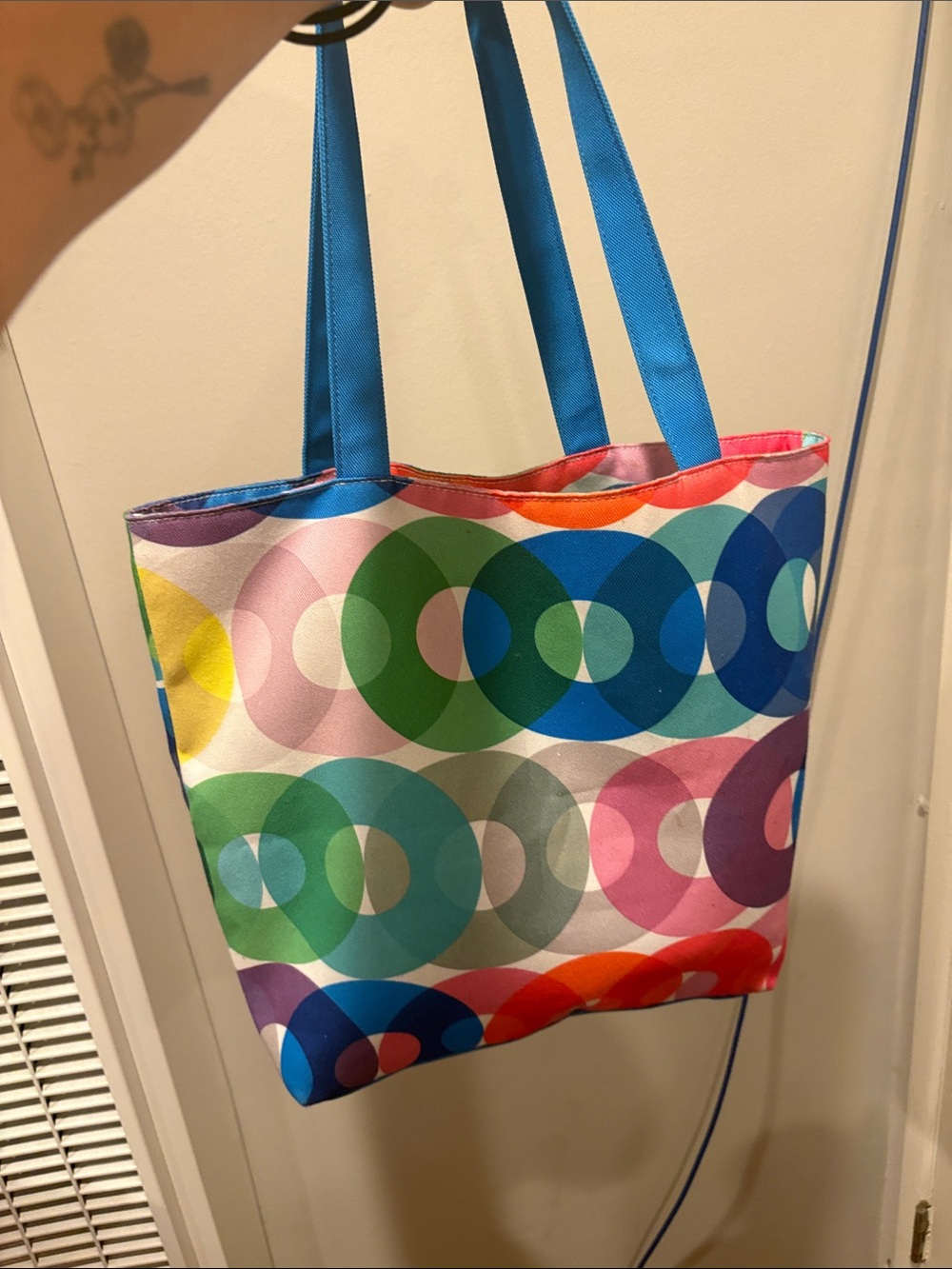 Colorful Geo Circle Tote Bag with Blue Straps